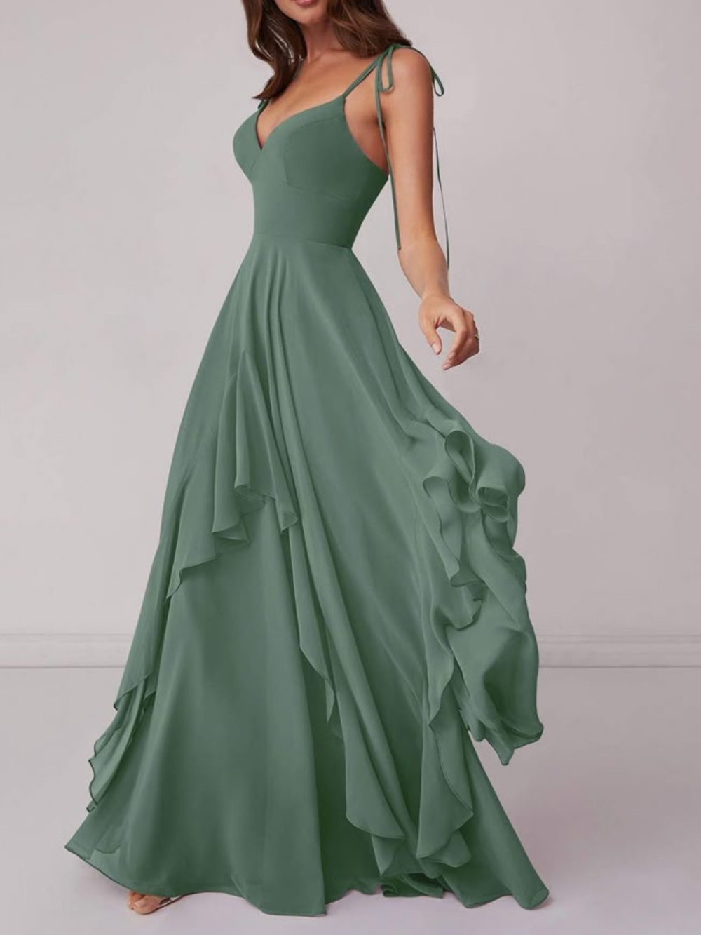 Azazie Sage Green Ruffle Chiffon Maxi Dress